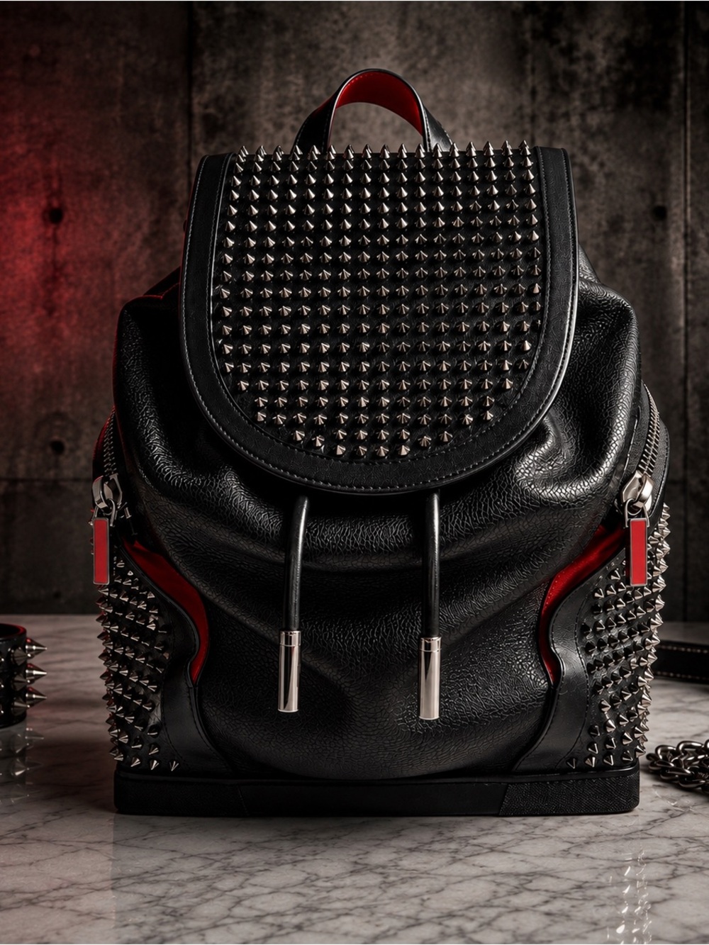Christian Louboutin SPIKED EXPLORAFUNK Black Leather Studded Backpack Red